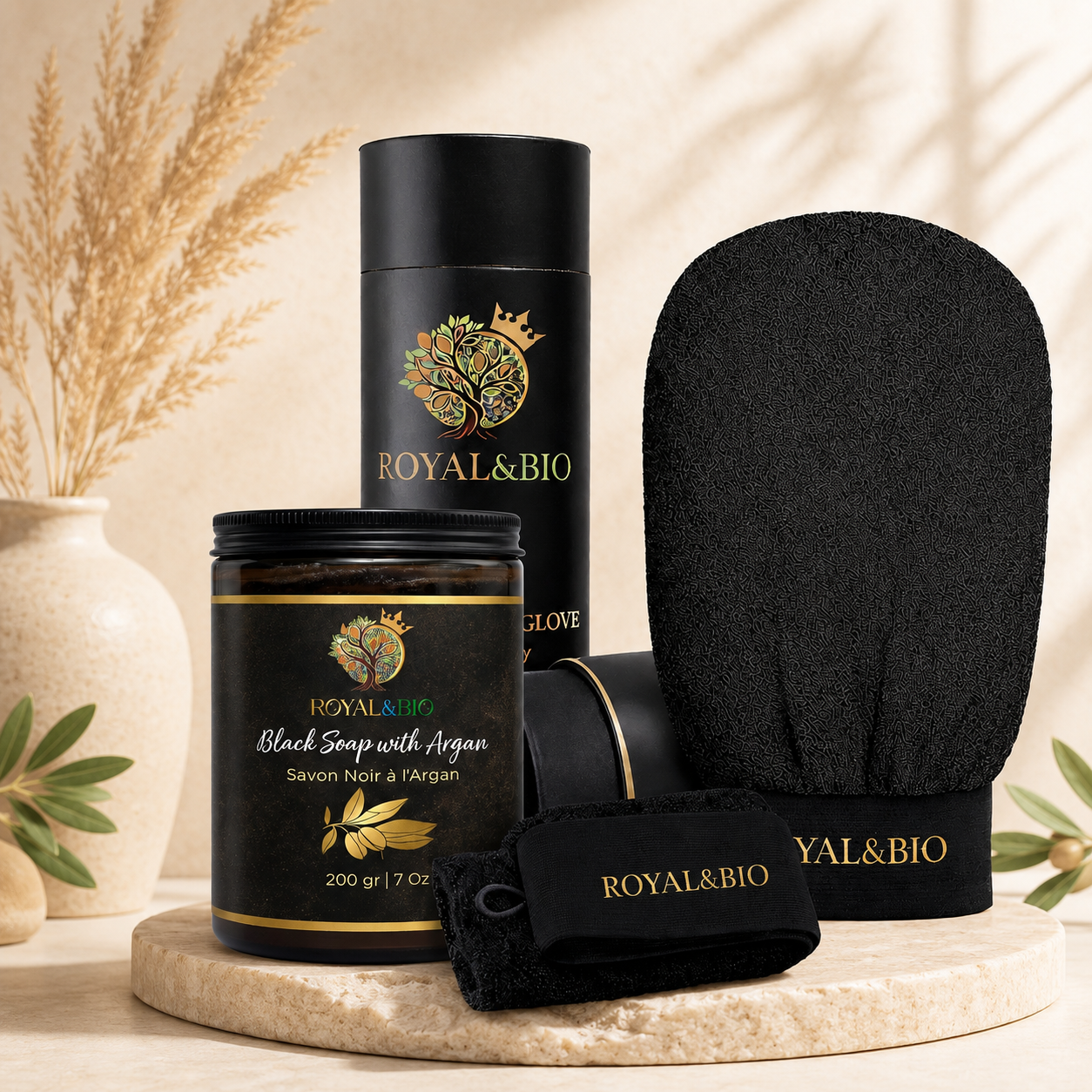 Royal Hammam Duo | Black Soap + Exfoliating Glove — ROYAL&BIO
